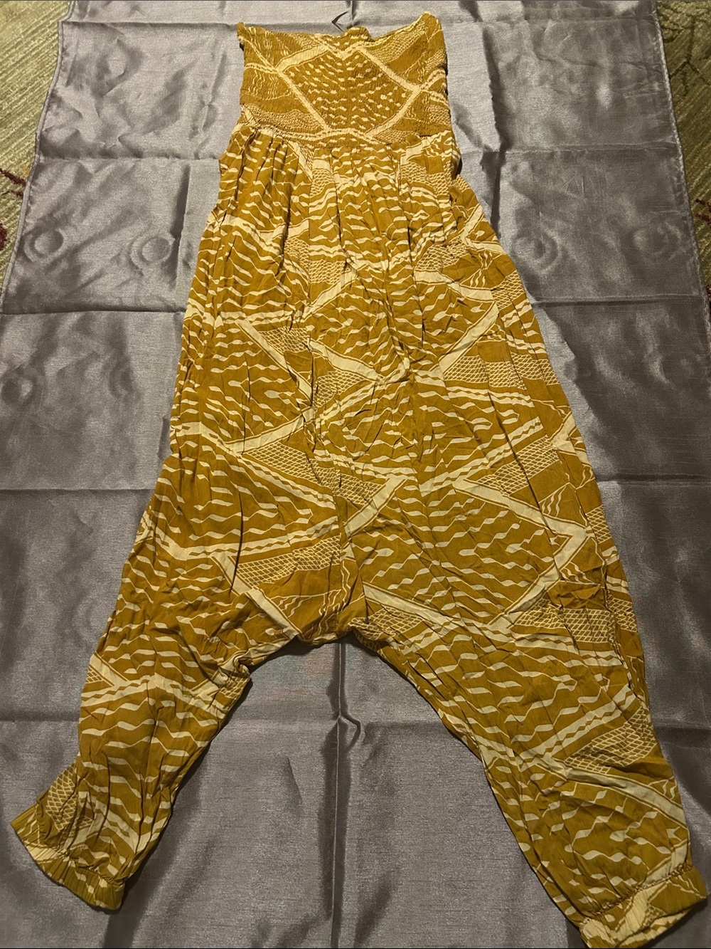 MISSING POLYNESIA Mustard Yellow Patterned Strapless Harem Jumpsuit, Sz 3